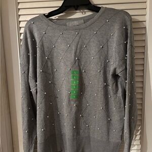 Grey Pearl-Embellished Knit Sweater Lg